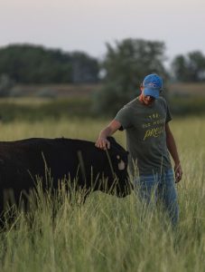 Man petting a black cow in a field.